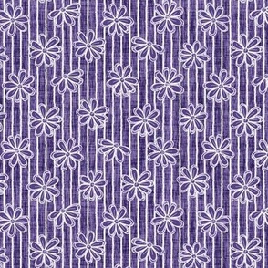 Scattered White Flowers and Sketchy Stripes on Grape Purple Woven Texture