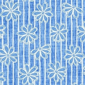 Medium Scattered White Flowers and Sketchy Stripes on Cornflower Blue Woven Texture