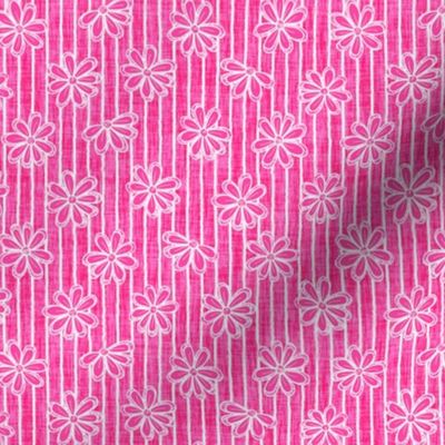 Scattered White Flowers and Sketchy Stripes on Hot Pink Woven Texture