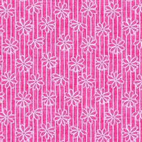 Scattered White Flowers and Sketchy Stripes on Hot Pink Woven Texture
