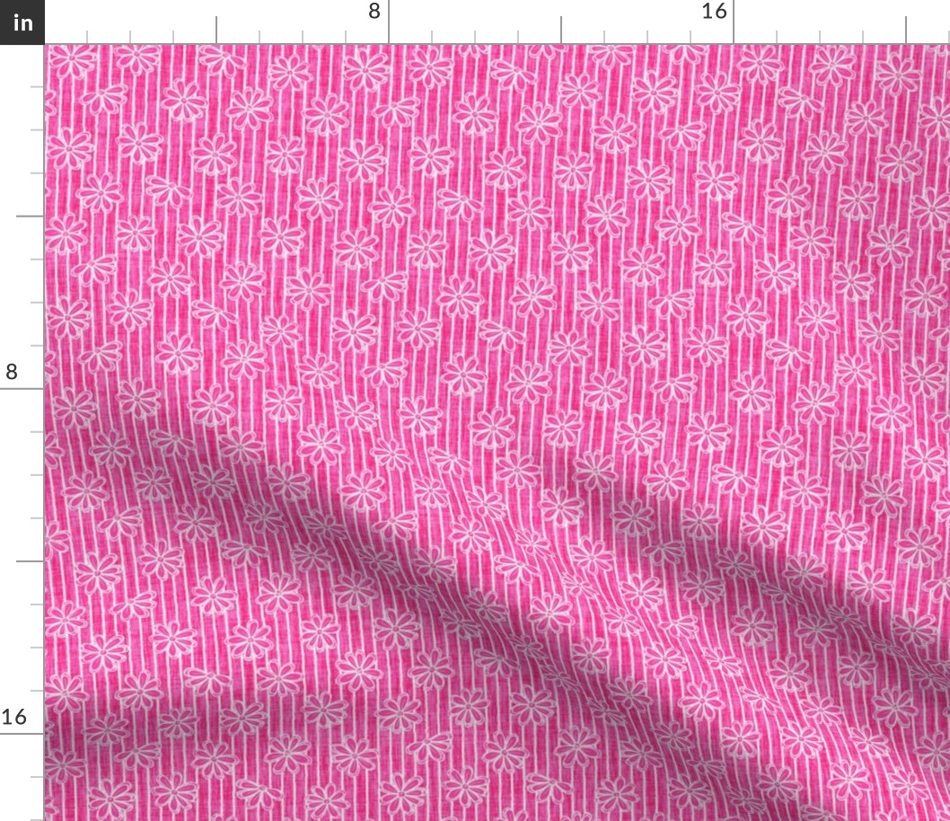 Scattered White Flowers and Sketchy Stripes on Hot Pink Woven Texture