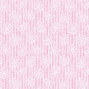 Scattered White Flowers and Sketchy Stripes on Light Bubblegum Pink Woven Texture