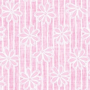 Medium Scattered White Flowers and Sketchy Stripes on Light Bubblegum Pink Woven Texture