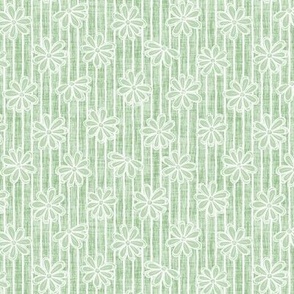 Scattered White Flowers and Sketchy Stripes on Light Sage Green Woven Texture