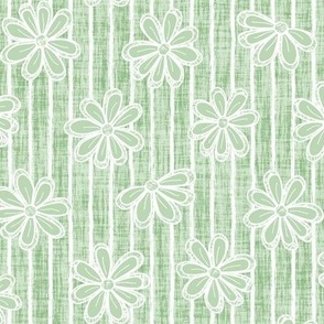 Medium Scattered White Flowers and Sketchy Stripes on Light Sage Green Woven Texture