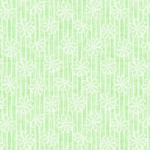 Scattered White Flowers and Sketchy Stripes on Lime Green Woven Texture