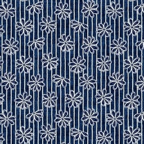 Scattered White Flowers and Sketchy Stripes on Midnight Blue Woven Texture