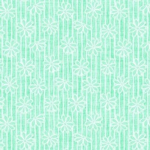 Scattered White Flowers and Sketchy Stripes on Mint Woven Texture