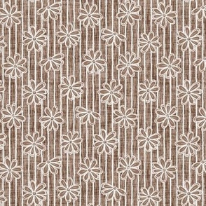 Scattered White Flowers and Sketchy Stripes on Mocha Woven Texture