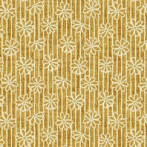 Scattered White Flowers and Sketchy Stripes on Mustard Woven Texture