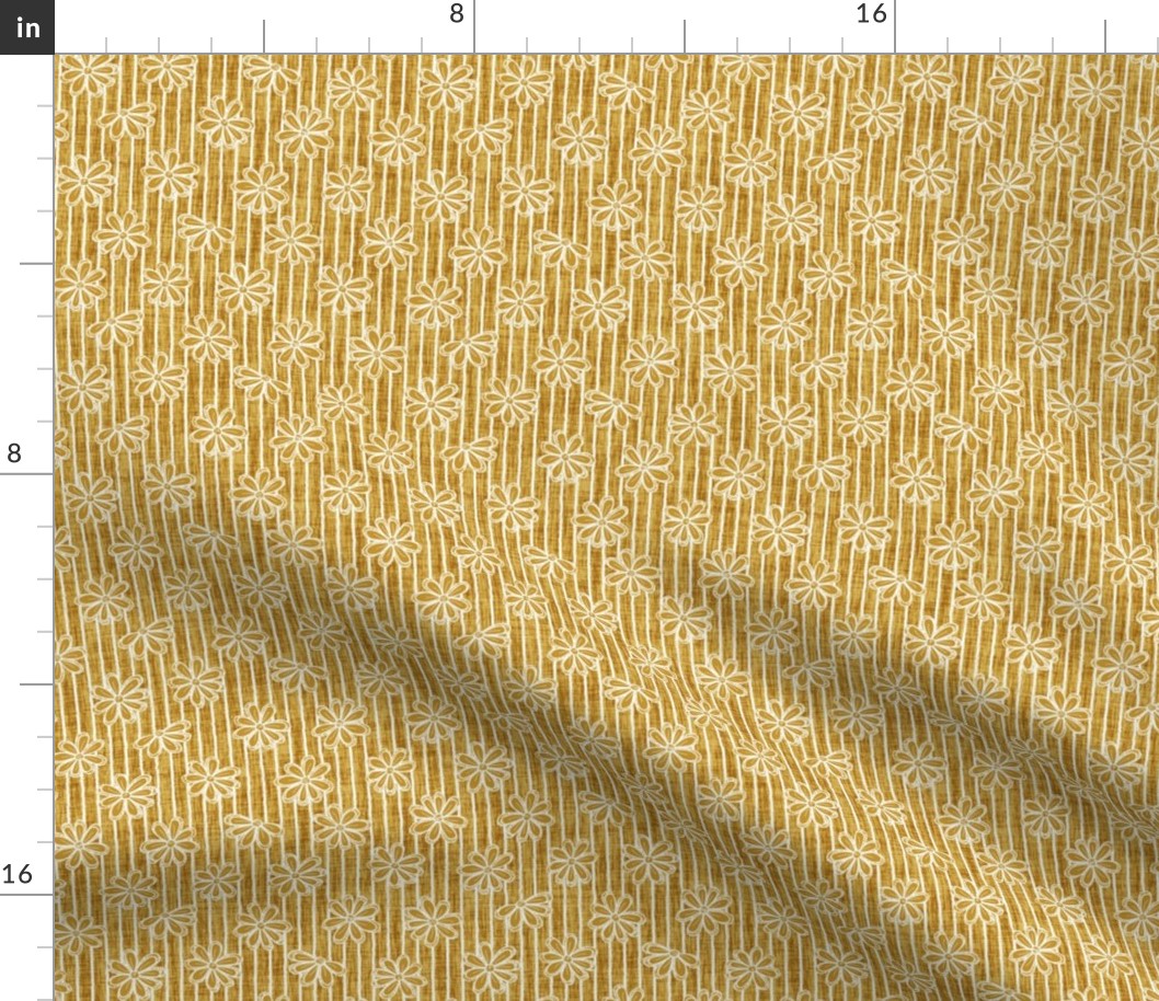 Scattered White Flowers and Sketchy Stripes on Mustard Woven Texture