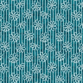 Scattered White Flowers and Sketchy Stripes on Ocean Blue Woven Texture