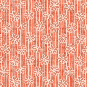 Scattered White Flowers and Sketchy Stripes on Papaya Woven Texture