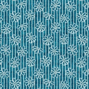 Scattered White Flowers and Sketchy Stripes on Peacock Blue Woven Texture