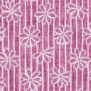 Medium Scattered White Flowers and Sketchy Stripes on Peony Woven Texture