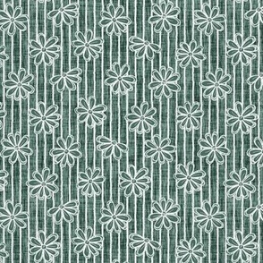 Scattered White Flowers and Sketchy Stripes on Pine Green Woven Texture