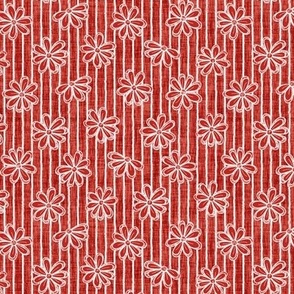 Scattered White Flowers and Sketchy Stripes on Poppy Red Woven Texture