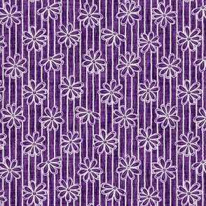 Scattered White Flowers and Sketchy Stripes on Dark Purple Woven Texture