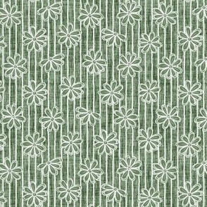 Scattered White Flowers and Sketchy Stripes on Sage Green Woven Texture