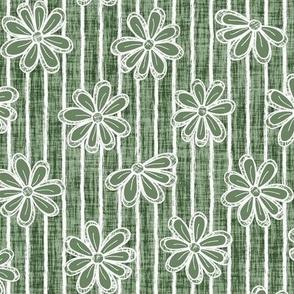 Medium Scattered White Flowers and Sketchy Stripes on Sage Green Woven Texture