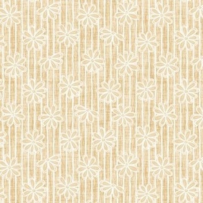 Scattered White Flowers and Sketchy Stripes on Sand Beige Woven Texture
