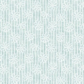 Scattered White Flowers and Sketchy Stripes on Sea Glass Woven Texture