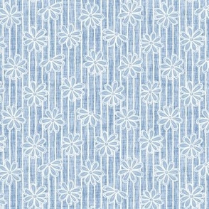 Scattered White Flowers and Sketchy Stripes on Sky Blue Woven Texture