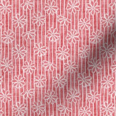 Scattered White Flowers and Sketchy Stripes on Watermelon Woven Texture