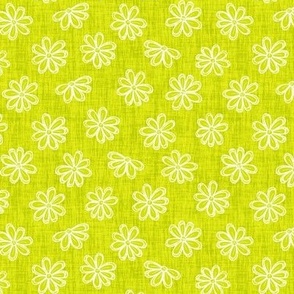 Scattered White Flowers on Chartreuse Woven Texture