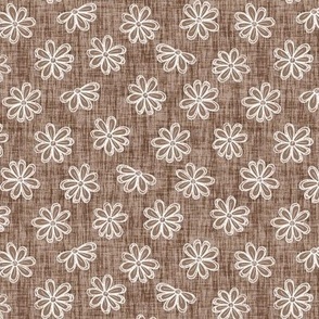 Scattered White Flowers on Mocha Woven Texture