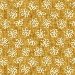 Scattered White Flowers on Mustard Woven Texture