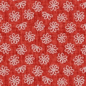 Scattered White Flowers on Poppy Red Woven Texture