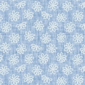 Scattered White Flowers on Sky Blue Woven Texture