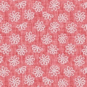 Scattered White Flowers on Watermelon Coral Woven Texture