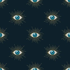 Gold Evil Eye Aqua Blue on Dark Blue Pattern Swatch