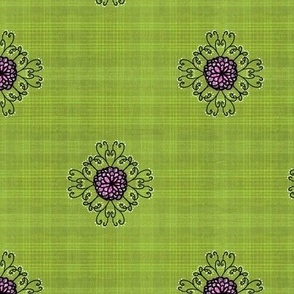 Mint and chartreuse slubby plaid with whimsical flowers coordinate for lizards