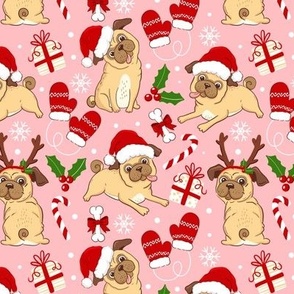 Cute Pug Christmas dog fabric xmas blush pink