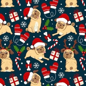 Cute Pug Christmas dog fabric xmas dark blue