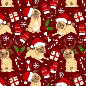 Cute Pug Christmas dog fabric xmas deep red