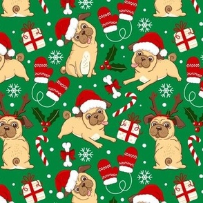 Cute Pug Christmas dog fabric xmas green