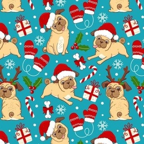 Cute Pug Christmas dog fabric xmas turquoise