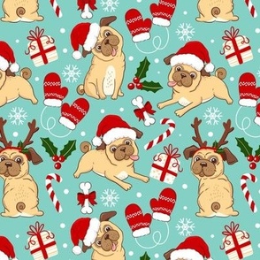 Cute Pug Christmas dog fabric xmas mint
