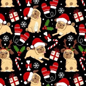 Cute Pug Christmas dog fabric xmas black