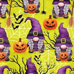 Cute Halloween gnomes witches fabric - lime green WB22