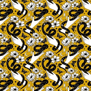 Celestial snakes and hands , occult Halloween fabric goldenrod