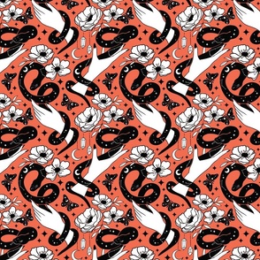 Celestial snakes and hands , occult Halloween fabric orange