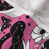 Celestial snakes and hands , occult Halloween fabric pink