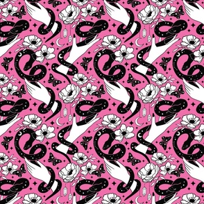 Celestial snakes and hands , occult Halloween fabric pink
