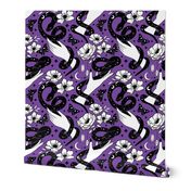 Celestial snakes and hands , occult Halloween fabric purple