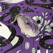 Celestial snakes and hands , occult Halloween fabric purple